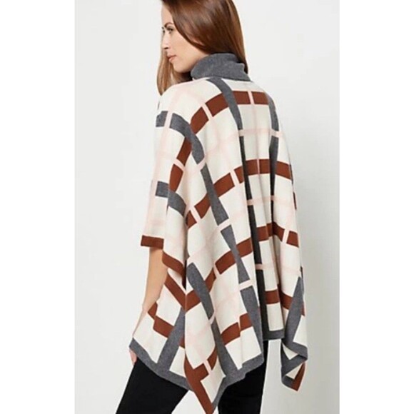 NAADAM Women's Soft Plaid Jacquard Poncho Cream Brown Pink 100% Cashmere - Picture 2 of 9